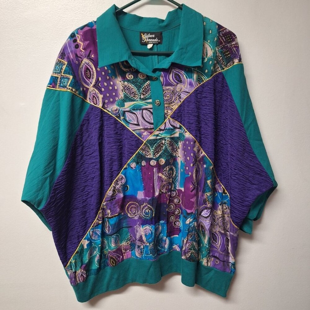 Silver Threads USA Pullover Teal Green Purple Vintage‎ Womens 5X Shoulder Pads